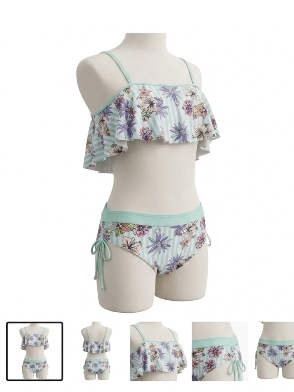 Limeapple Girls Ruffle Square Neck Bikini Swim Set Floral Stripe 16 EUC